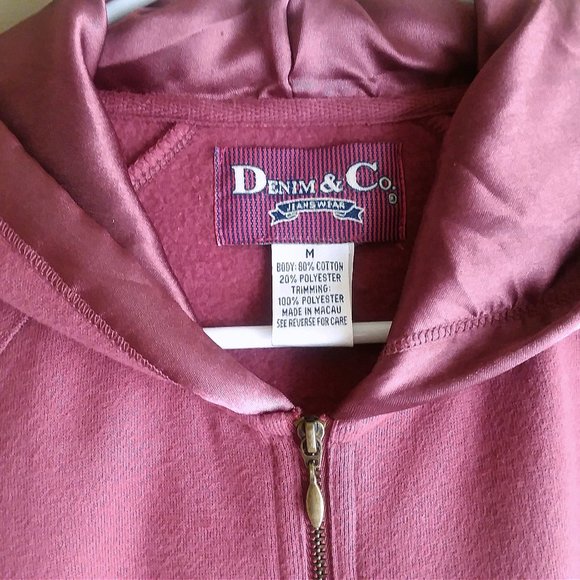 Denim & Co. Burgundy Zip Up  Hoodie Sweatshirt with Satin Hood, Pocket, and Ties - Picture 9 of 9